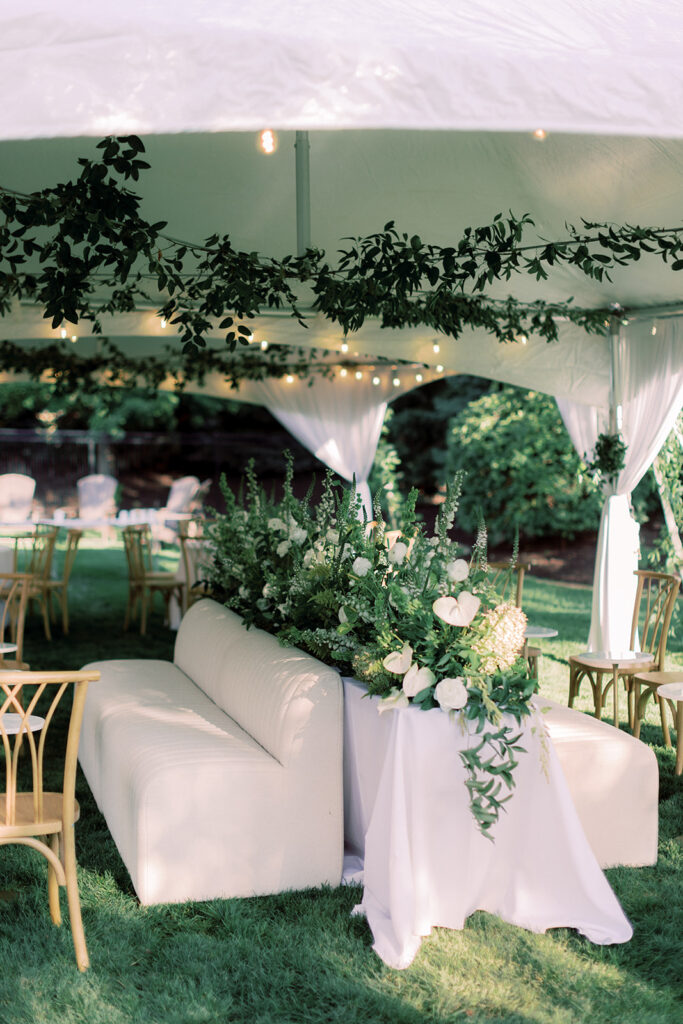 Lounge seating in a sailcloth tent in Omaha, Nebraska