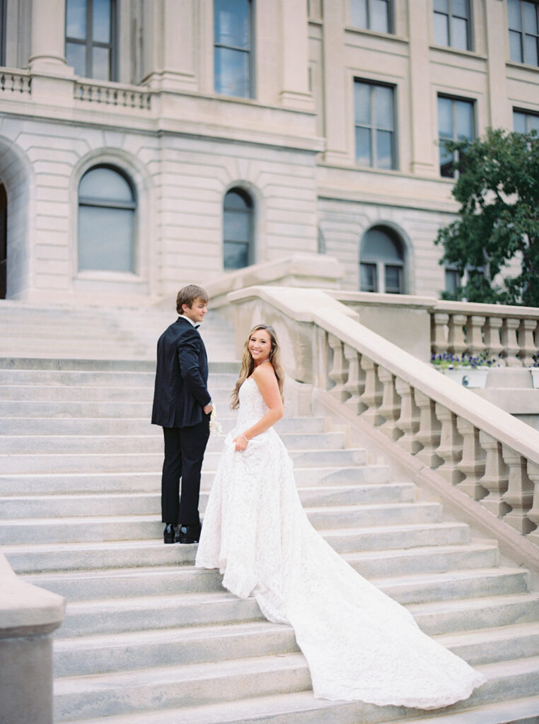 Bridal portrait on a staircase during an Omaha bridal session