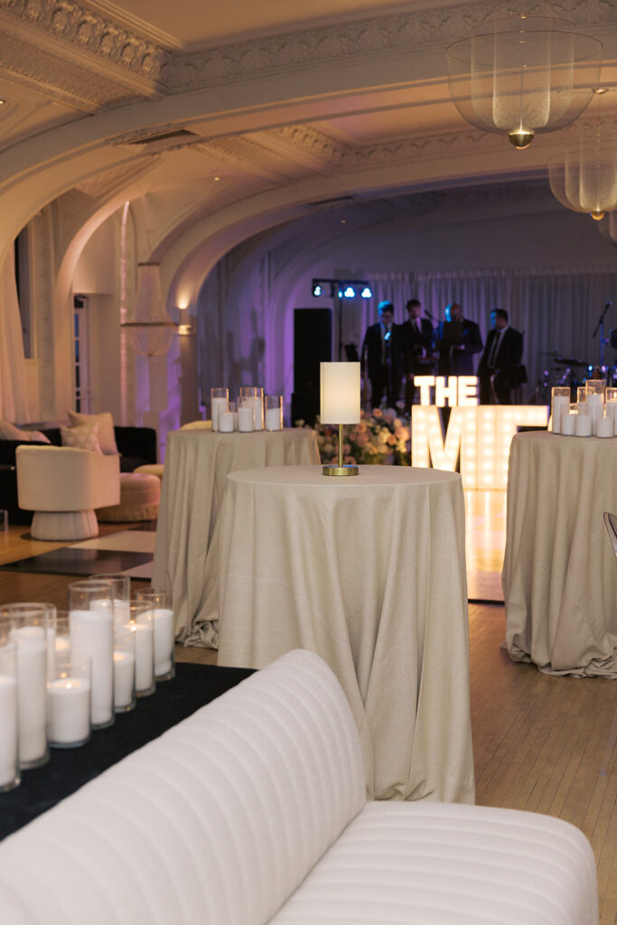 Personalized cocktail lounge and band stage for the evening reception in the Schimmel Ballroom, Omaha