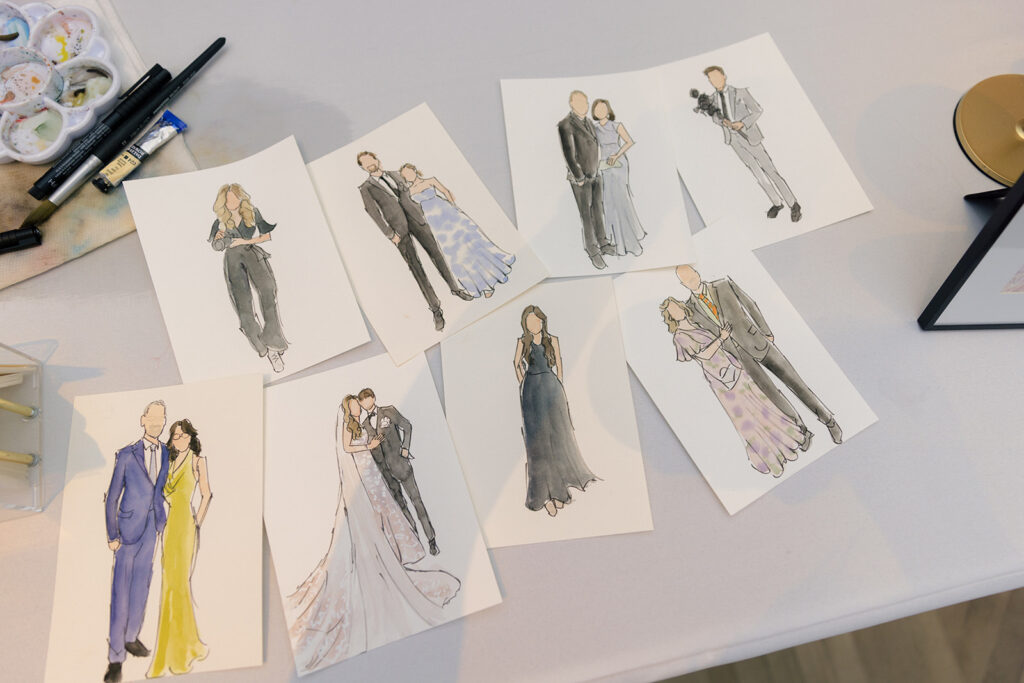 Live watercolor guest portraits by Art by Emerald at a Kimpton Cottonwood wedding in Omaha