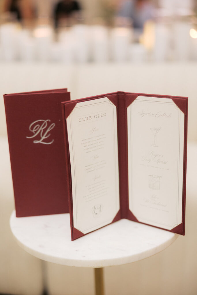 Burgundy monogram drink menu at a Kimpton Cottonwood wedding reception