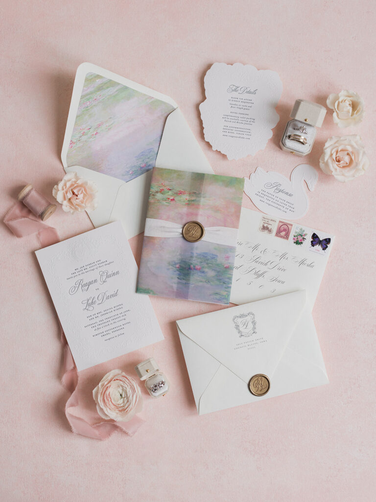 Water lily watercolor wedding invitation suite with wax seals by Nicole Reher Creative